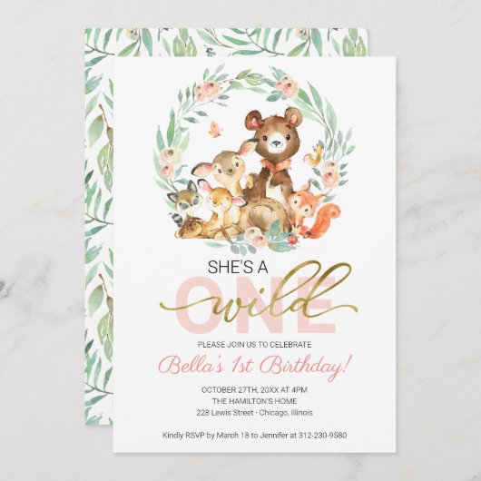 Woodland Animals Ze is een eerste verjaardag. Kaart (Voorkant / Achterkant)