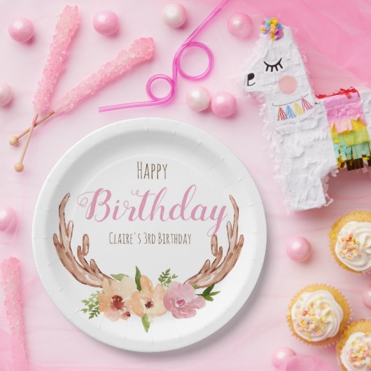 Woodland antler floral kind verjaardagspapier bord (Feest)