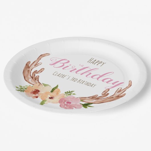 Woodland antler floral kind verjaardagspapier bord (Gekanteld)