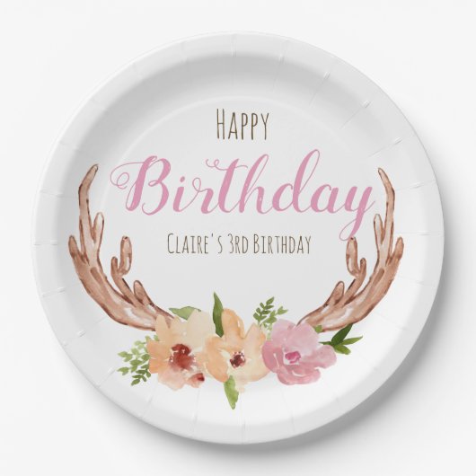 Woodland antler floral kind verjaardagspapier bord (Voorkant)