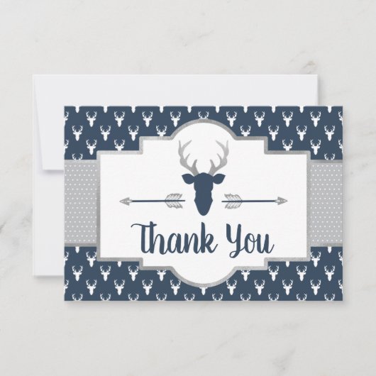 Woodland Antlers Bedankt Card, Navy, Grijs (Voorkant)