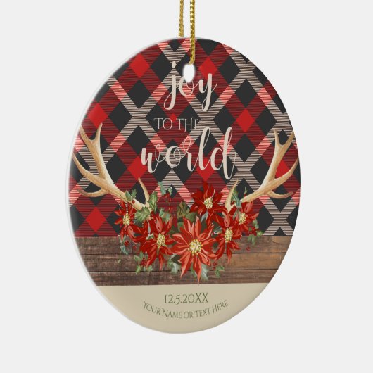 Woodland Antlers Poinsettias en Red Plaid Keramisch Ornament (Rechts)