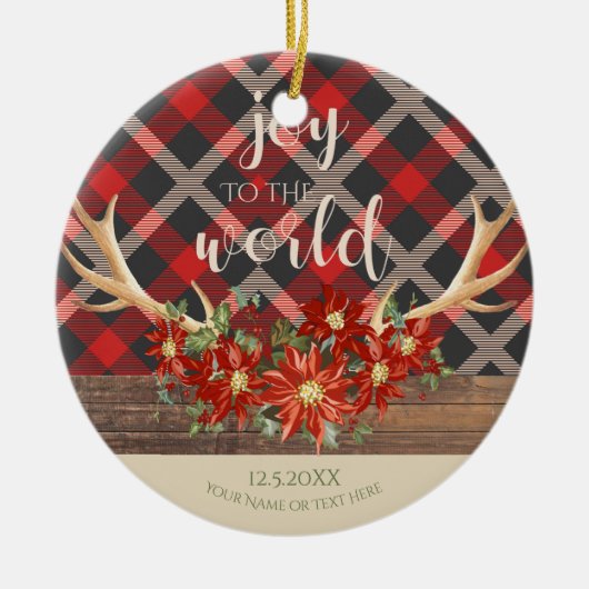 Woodland Antlers Poinsettias en Red Plaid Keramisch Ornament (Voorkant)