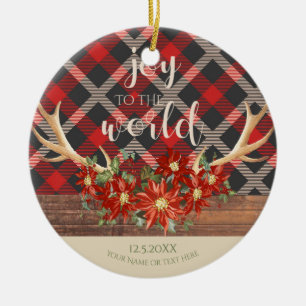 Woodland Antlers Poinsettias en Red Plaid Keramisch Ornament