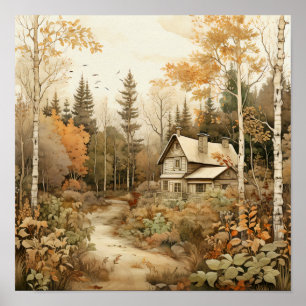 Woodland Art Gezellige Cabin Bossen Schilderen Poster