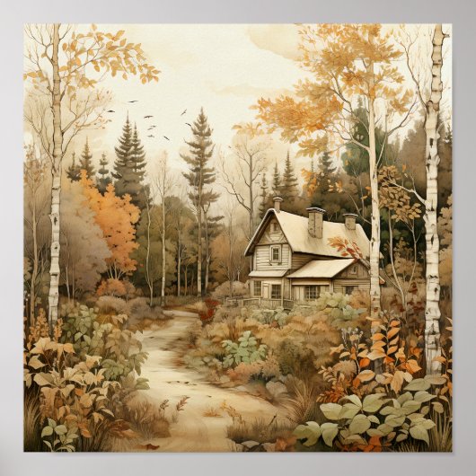 Woodland Art Gezellige Cabin Bossen Schilderen Poster (Voorkant)