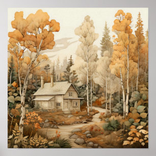 Woodland Art Gezellige Cabin Bossen Schilderen Poster