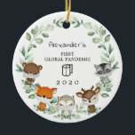 Woodland Baby 1st First Christmas Global Pandemic Keramisch Ornament<br><div class="desc">This whimsical design features a group of adorable forest animally with masks and elegant botanical greenery werath</div>