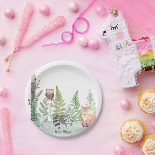 Woodland Baby Animals Greenery Monongram | Papieren Bordje (Feest)