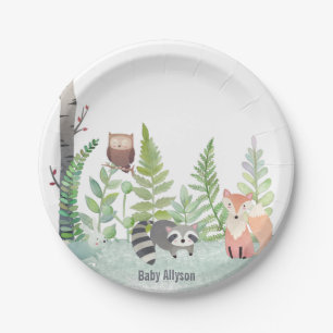 Woodland Baby Animals Greenery Monongram   Papieren Bordje