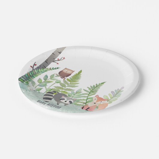 Woodland Baby Animals Greenery Monongram | Papieren Bordje (Gekanteld)