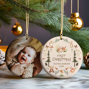 Woodland Baby Boy Eerste Kerstfoto Ornament