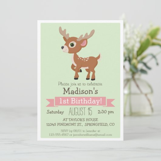 Woodland Baby Deer, Fawn Verjaardagsfeestje Uitnod Kaart (Staand voorkant)
