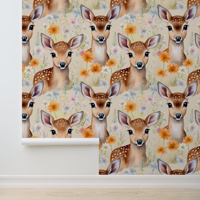 Woodland Baby Deer in een bloemenveld Behang (Applicatie)