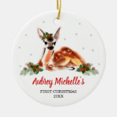 Woodland Baby Deer Persoonlijk Eerste Kerstmis Keramisch Ornament (Voorkant)