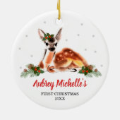 Woodland Baby Deer Persoonlijk Eerste Kerstmis Keramisch Ornament (Achterkant)