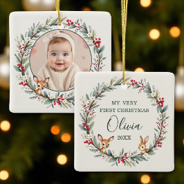 Woodland Baby eerste kerst Gepersonaliseerd foto Keramisch Ornament