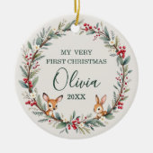 Woodland Baby Eerste Kerstdag Gepersonaliseerd Keramisch Ornament (Voorkant)