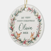 Woodland Baby Eerste Kerstdag Gepersonaliseerd Keramisch Ornament (Links)