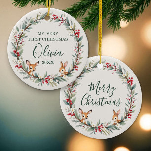 Woodland Baby Eerste Kerstdag Gepersonaliseerd Keramisch Ornament
