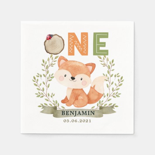Woodland Baby Fox 1st Birthday Paper Napkin Servet (Voorkant)