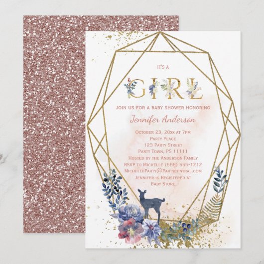 Woodland Baby Girl Shower Kaart (Voorkant / Achterkant)