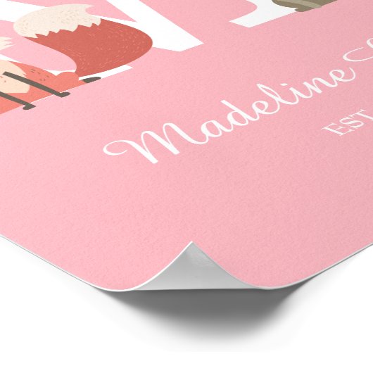 Woodland Baby Initiaal Monogram Pink Nursery Poster (Hoek)