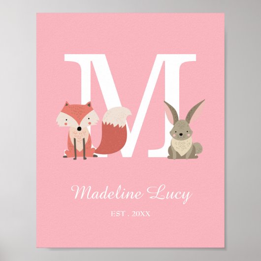 Woodland Baby Initiaal Monogram Pink Nursery Poster (Voorkant)