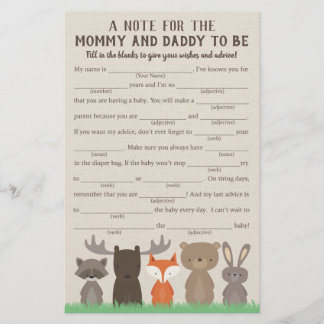Woodland Baby shower Advice Game Kaarten