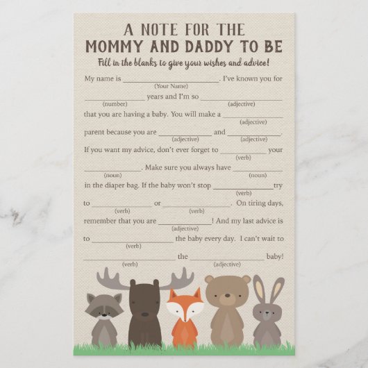 Woodland Baby shower Advice Game Kaarten (Voorkant)