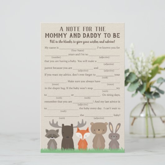 Woodland Baby shower Advice Game Kaarten (Staand voorkant)