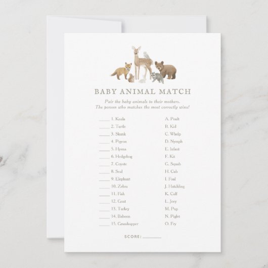Woodland Baby shower Baby Animal Match Game Kaart (Voorkant)