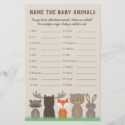 Woodland Baby shower Baby Animal Name Game (Voorkant)