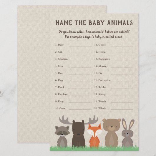 Woodland Baby shower Baby Animal Name Game (Voorkant / Achterkant)