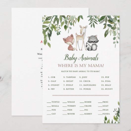 Woodland Baby shower Baby Dieren Spel 5x7 Kaart (Voorkant / Achterkant)