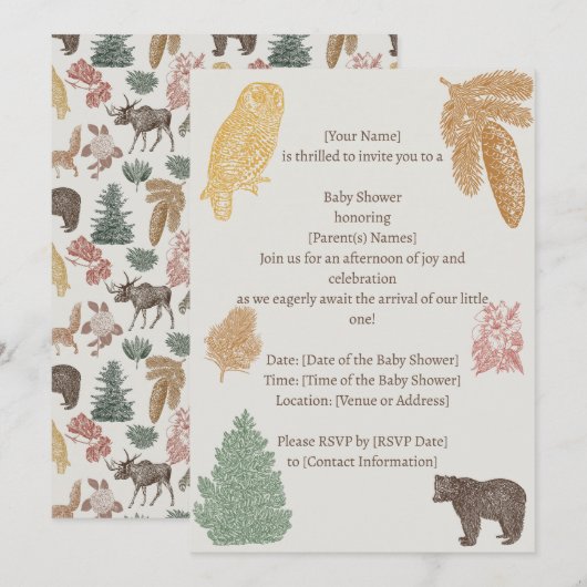  Woodland Baby shower-Beren, Moose, Uilen Kaart (Voorkant / Achterkant)