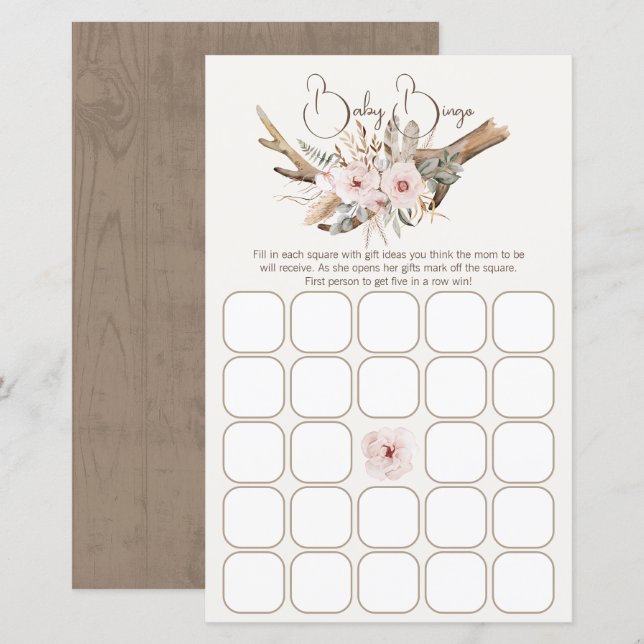 Woodland Baby shower Bingo Game – Rustiek Boho Wat (Voorkant / Achterkant)