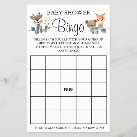 Woodland Baby shower Bingo-spelkaart Flyer (Voorkant)