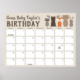 Woodland Baby shower Birthday Predication Calendar Poster