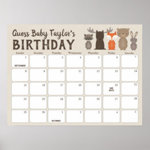 Woodland Baby shower Birthday Predication Calendar Poster