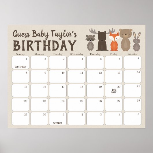 Woodland Baby shower Birthday Predication Calendar Poster (Voorkant)