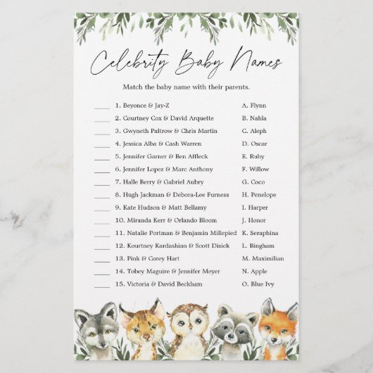 Woodland Baby shower Celebrity Baby Names Game (Voorkant)