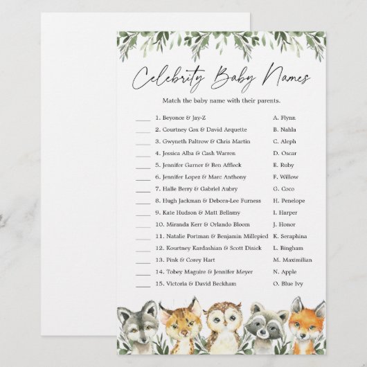 Woodland Baby shower Celebrity Baby Names Game (Voorkant / Achterkant)