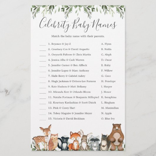 Woodland Baby shower Celebrity Baby Names Game (Voorkant)