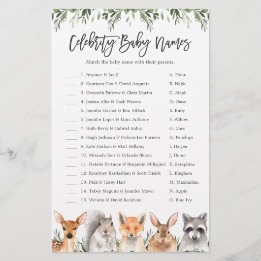 Woodland Baby shower Celebrity Baby Names Game (Voorkant)
