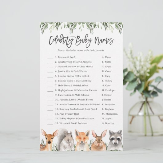 Woodland Baby shower Celebrity Baby Names Game (Staand voorkant)