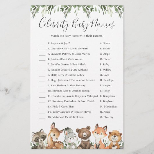 Woodland Baby shower Celebrity Baby Names Game (Voorkant)