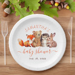 Woodland Baby shower Cute Forest Animal Red Script Papieren Bordje<br><div class="desc">Voor een baby shower met Woodland-thema. Aan de voorkant heeft het een aantal schattige bosdieren: een rode vos, een bruine beer krab, een egel en een konijn. boven hen is de naam geschreven in rode petten, als geordende tekst. Onder hen, worden de woorden "baby shower"geschreven in een rood handschrift manuscript,...</div>
