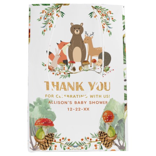 Woodland Baby shower Dank u Medium Cadeauzakje (Voorkant)