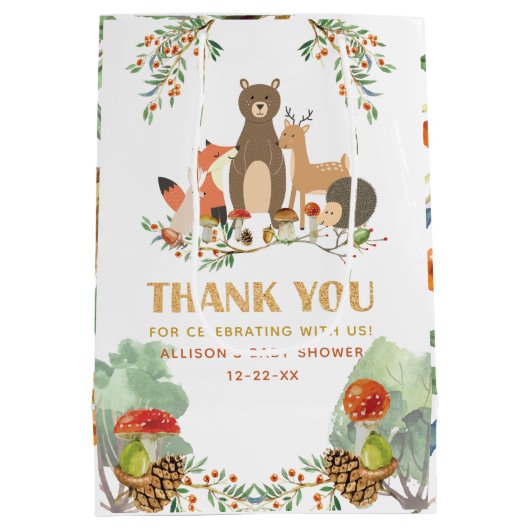 Woodland Baby shower Dank u Medium Cadeauzakje (Achterkant)